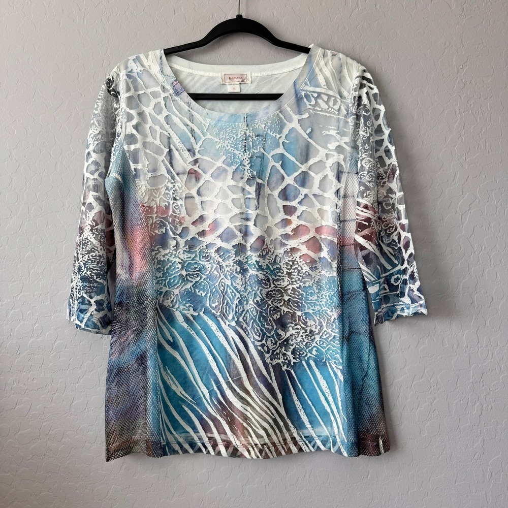 Kamana Medium Tunic Blue 3/4 Sleeve Abstract Burnout Mesh Mixed Media Top